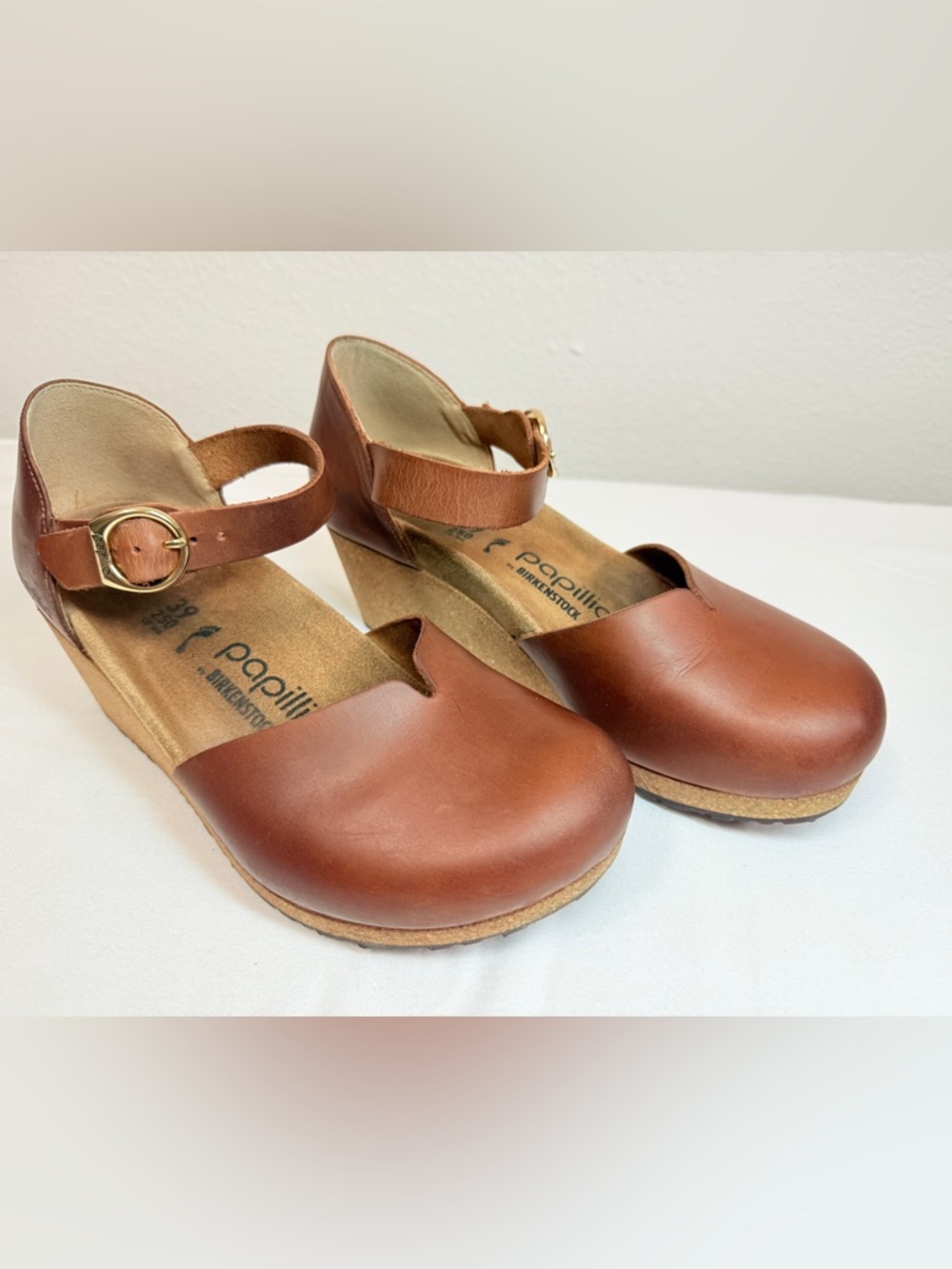 Papillio Birkenstock Cognac Leather Mary Jane Wedge Comfort Shoes 39 - Picture 10 of 16
